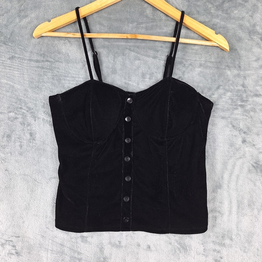 Womens Top Large Black Babydoll Y2K Velvet‎ Crop Fairy Grunge Whimsigoth Cami